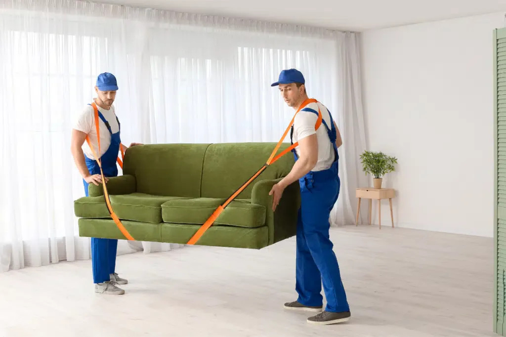 Facchini che sollevano un divano verde a due posti con delle cinghie professionali
